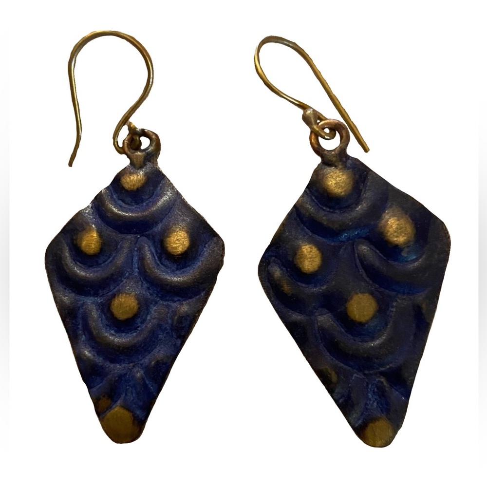 Brass Patina Earrings – Cobalt Blue with Brass Dots by Anju